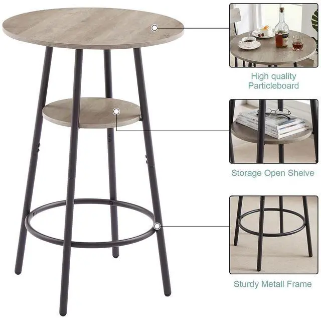 Alt view image 3 of 6 - 3 Piece Bar Table Set, 2-Tier Round Pub Dining Set Wooden Bistro Table with 2 PU upholstered Stools Counter Height Kitchen Table Set for Breakfast Nook, Restaurant, Small Space(Grey)