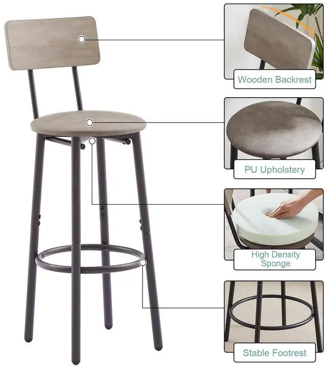 Alt view image 4 of 6 - 3 Piece Bar Table Set, 2-Tier Round Pub Dining Set Wooden Bistro Table with 2 PU upholstered Stools Counter Height Kitchen Table Set for Breakfast Nook, Restaurant, Small Space(Grey)