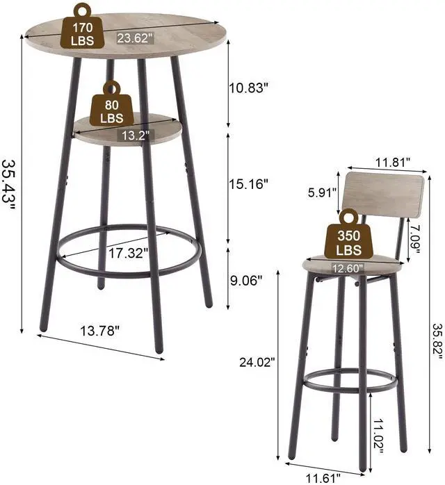 Alt view image 5 of 6 - 3 Piece Bar Table Set, 2-Tier Round Pub Dining Set Wooden Bistro Table with 2 PU upholstered Stools Counter Height Kitchen Table Set for Breakfast Nook, Restaurant, Small Space(Grey)