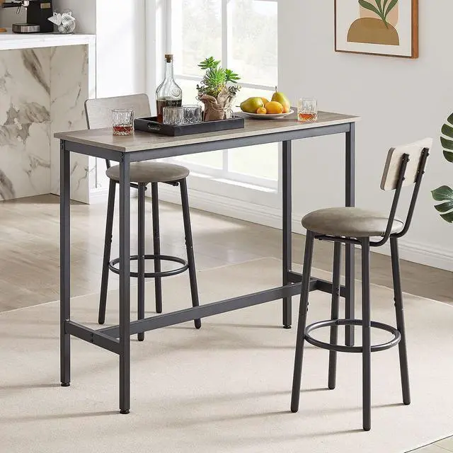 Alt view image 2 of 6 - 3 Pieces Bar Table and Chairs Set for 2, Small Wooden Pub Bistro Table with 2 PU upholstered Stools Counter Height Dining Set for Kitchen Breakfast Nook, Restaurant, Small Space(Grey,43inch)