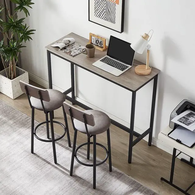 Alt view image 3 of 6 - 3 Pieces Bar Table and Chairs Set for 2, Small Wooden Pub Bistro Table with 2 PU upholstered Stools Counter Height Dining Set for Kitchen Breakfast Nook, Restaurant, Small Space(Grey,43inch)