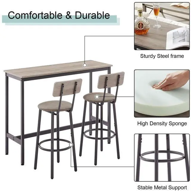 Alt view image 4 of 6 - 3 Pieces Bar Table and Chairs Set for 2, Small Wooden Pub Bistro Table with 2 PU upholstered Stools Counter Height Dining Set for Kitchen Breakfast Nook, Restaurant, Small Space(Grey,43inch)