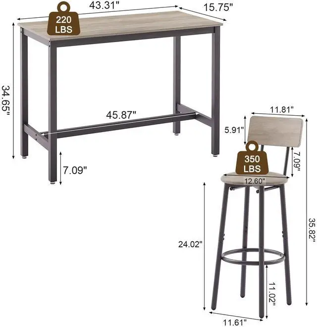 Alt view image 5 of 6 - 3 Pieces Bar Table and Chairs Set for 2, Small Wooden Pub Bistro Table with 2 PU upholstered Stools Counter Height Dining Set for Kitchen Breakfast Nook, Restaurant, Small Space(Grey,43inch)