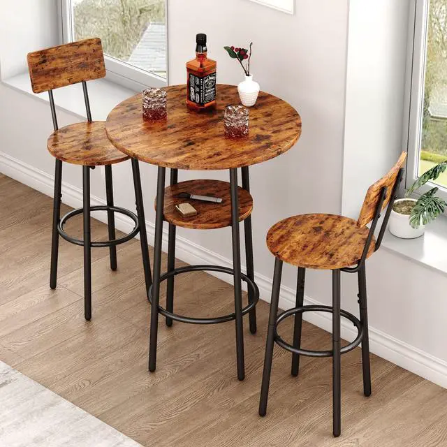 Main image of 3 Piece Pub Table Set, 2-Tier Small Round bar Bistro Table and 2 Bar Stools with Backrest Bar Height Table and Chair Dining Set for Kitchen Nook, Apartment, Small Space (3, 24Inch)