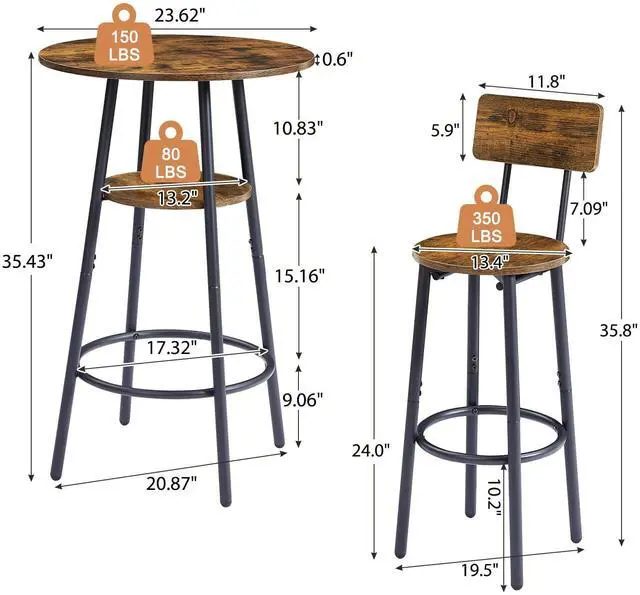 Alt view image 3 of 6 - 3 Piece Pub Table Set, 2-Tier Small Round bar Bistro Table and 2 Bar Stools with Backrest Bar Height Table and Chair Dining Set for Kitchen Nook, Apartment, Small Space (3, 24Inch)