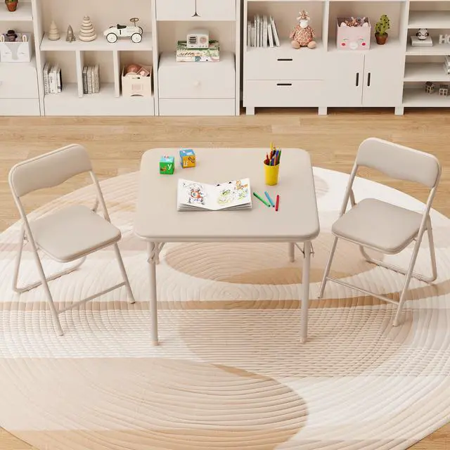 Alt view image 5 of 6 - Folding Card Table and Chairs Set of 3, Portable Table with PU Soft Cushions, Foldable Chairs and Tables for Home, Indoor and Outdoor, Space-Saving, Beige