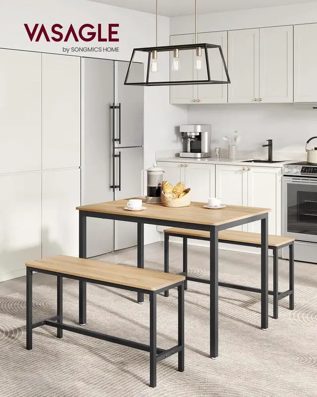 Alt view image 2 of 6 - Dining Table Set for 4, Kitchen Table with 2 Benches, 43.3 x 27.6 x 29.5 Inches Dining Room Table, 38.2 x 11.8 x 19.7 Inches Bench, Golden Oak and Ink Black UKDT070B09