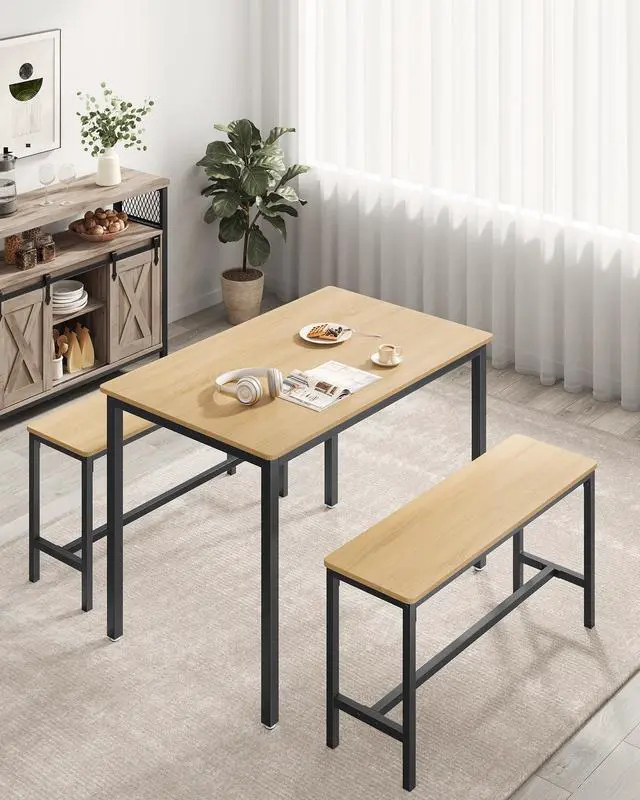 Alt view image 3 of 6 - Dining Table Set for 4, Kitchen Table with 2 Benches, 43.3 x 27.6 x 29.5 Inches Dining Room Table, 38.2 x 11.8 x 19.7 Inches Bench, Golden Oak and Ink Black UKDT070B09