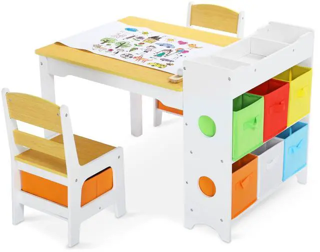 Main image of Kids Art Table & Chairs Set, Wooden Activity Table with 2 Chairs, Kids Craft Desk W/8 Storage Bins and Paper Roll, Toddler Furniture Set for Art, Crafts, Drawing, Reading, Natural