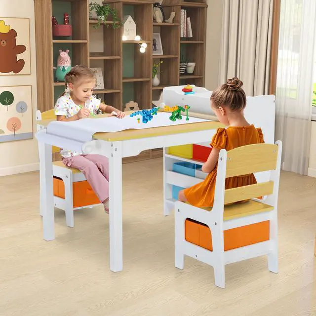 Alt view image 2 of 6 - Kids Art Table & Chairs Set, Wooden Activity Table with 2 Chairs, Kids Craft Desk W/8 Storage Bins and Paper Roll, Toddler Furniture Set for Art, Crafts, Drawing, Reading, Natural