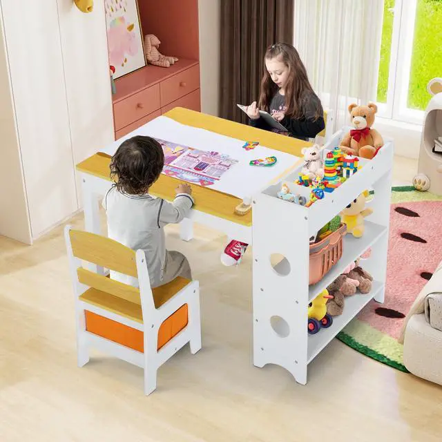 Alt view image 3 of 6 - Kids Art Table & Chairs Set, Wooden Activity Table with 2 Chairs, Kids Craft Desk W/8 Storage Bins and Paper Roll, Toddler Furniture Set for Art, Crafts, Drawing, Reading, Natural