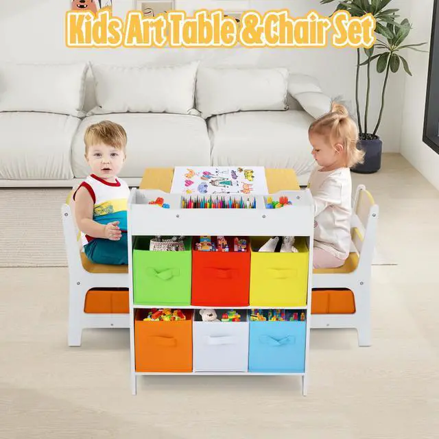 Alt view image 4 of 6 - Kids Art Table & Chairs Set, Wooden Activity Table with 2 Chairs, Kids Craft Desk W/8 Storage Bins and Paper Roll, Toddler Furniture Set for Art, Crafts, Drawing, Reading, Natural