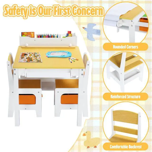 Alt view image 6 of 6 - Kids Art Table & Chairs Set, Wooden Activity Table with 2 Chairs, Kids Craft Desk W/8 Storage Bins and Paper Roll, Toddler Furniture Set for Art, Crafts, Drawing, Reading, Natural