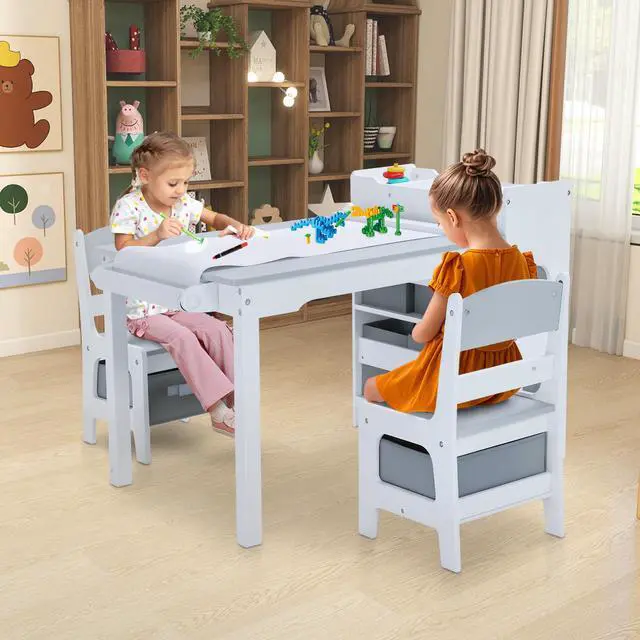 Alt view image 2 of 6 - Kids Art Table & Chairs Set, Wooden Activity Table with 2 Chairs, Kids Craft Desk W/8 Storage Bins and Paper Roll, Toddler Furniture Set for Art, Crafts, Drawing, Reading, Grey