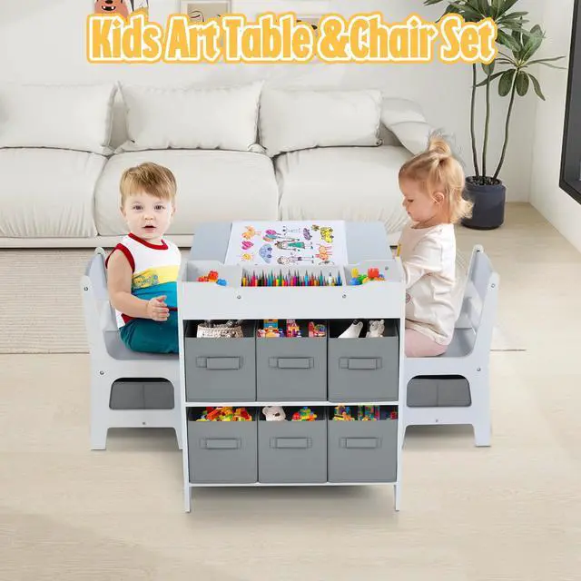 Alt view image 4 of 6 - Kids Art Table & Chairs Set, Wooden Activity Table with 2 Chairs, Kids Craft Desk W/8 Storage Bins and Paper Roll, Toddler Furniture Set for Art, Crafts, Drawing, Reading, Grey
