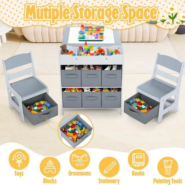 Alt view image 6 of 6 - Kids Art Table & Chairs Set, Wooden Activity Table with 2 Chairs, Kids Craft Desk W/8 Storage Bins and Paper Roll, Toddler Furniture Set for Art, Crafts, Drawing, Reading, Grey
