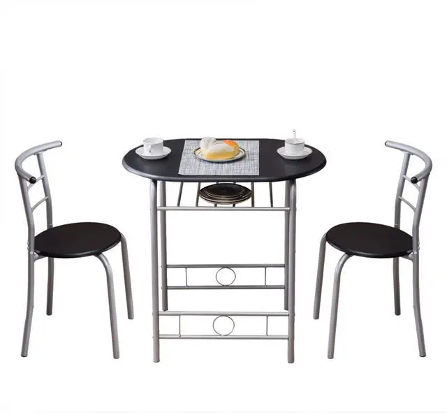 Main image of 3-Piece Wooden Round Table & Chair Set for Kitchen, Dining Room, Compact Space w/Steel Frame, Built-in Wine Rack (Black)