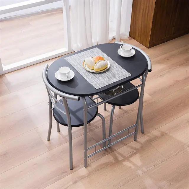 Alt view image 6 of 6 - 3-Piece Wooden Round Table & Chair Set for Kitchen, Dining Room, Compact Space w/Steel Frame, Built-in Wine Rack (Black)