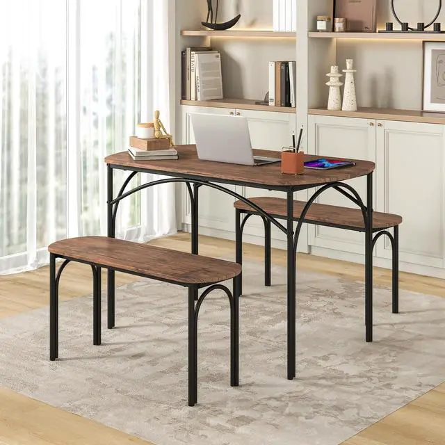 Alt view image 2 of 6 - 3-Piece Dining Table Set for 4, Wooden Kitchen Table and 2 Benches Set with Metal Frame, Space-Saving Dinette Set for Living Room, Dining Room, Breakfast Nook, Small Space