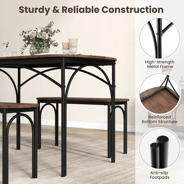 Alt view image 3 of 6 - 3-Piece Dining Table Set for 4, Wooden Kitchen Table and 2 Benches Set with Metal Frame, Space-Saving Dinette Set for Living Room, Dining Room, Breakfast Nook, Small Space