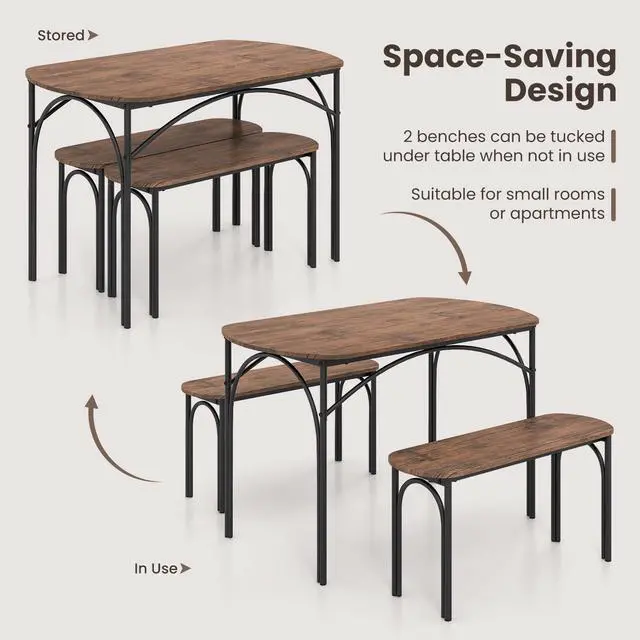 Alt view image 5 of 6 - 3-Piece Dining Table Set for 4, Wooden Kitchen Table and 2 Benches Set with Metal Frame, Space-Saving Dinette Set for Living Room, Dining Room, Breakfast Nook, Small Space