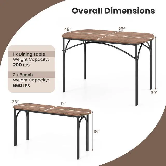 Alt view image 6 of 6 - 3-Piece Dining Table Set for 4, Wooden Kitchen Table and 2 Benches Set with Metal Frame, Space-Saving Dinette Set for Living Room, Dining Room, Breakfast Nook, Small Space