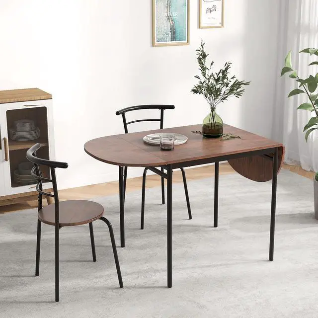 Alt view image 2 of 6 - 3-Piece Dining Table Set for 2, 55-inches Drop Leaf Kitchen Table with Dining Chairs, Metal Frame, Space-Saving Breakfast Nook Set for Small Space, Dinner, Dinette, Apartment, Dorm Room