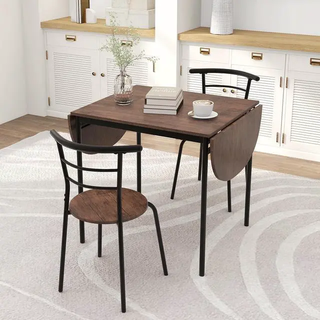 Alt view image 3 of 6 - 3-Piece Dining Table Set for 2, 55-inches Drop Leaf Kitchen Table with Dining Chairs, Metal Frame, Space-Saving Breakfast Nook Set for Small Space, Dinner, Dinette, Apartment, Dorm Room