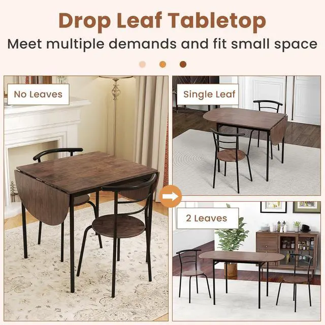 Alt view image 4 of 6 - 3-Piece Dining Table Set for 2, 55-inches Drop Leaf Kitchen Table with Dining Chairs, Metal Frame, Space-Saving Breakfast Nook Set for Small Space, Dinner, Dinette, Apartment, Dorm Room