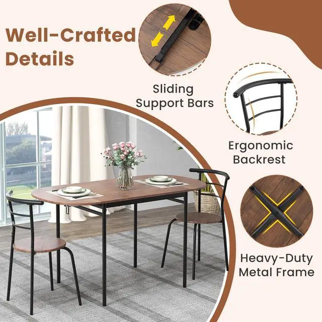 Alt view image 6 of 6 - 3-Piece Dining Table Set for 2, 55-inches Drop Leaf Kitchen Table with Dining Chairs, Metal Frame, Space-Saving Breakfast Nook Set for Small Space, Dinner, Dinette, Apartment, Dorm Room