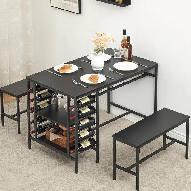 Main image of Dining Table Set for 4, Kitchen Table with 2 Benches, Wine Rack and Storage Shelf, Rectangular Dining Room Table Set, 3 Piece Dining Table Set for Small Space, Apartment, Dinette, Black