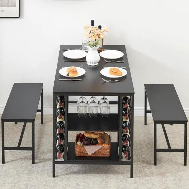 Alt view image 2 of 6 - Dining Table Set for 4, Kitchen Table with 2 Benches, Wine Rack and Storage Shelf, Rectangular Dining Room Table Set, 3 Piece Dining Table Set for Small Space, Apartment, Dinette, Black