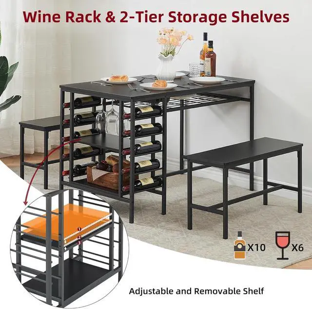 Alt view image 3 of 6 - Dining Table Set for 4, Kitchen Table with 2 Benches, Wine Rack and Storage Shelf, Rectangular Dining Room Table Set, 3 Piece Dining Table Set for Small Space, Apartment, Dinette, Black