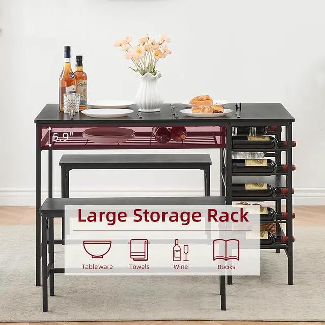 Alt view image 4 of 6 - Dining Table Set for 4, Kitchen Table with 2 Benches, Wine Rack and Storage Shelf, Rectangular Dining Room Table Set, 3 Piece Dining Table Set for Small Space, Apartment, Dinette, Black