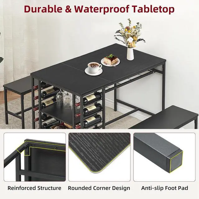 Alt view image 6 of 6 - Dining Table Set for 4, Kitchen Table with 2 Benches, Wine Rack and Storage Shelf, Rectangular Dining Room Table Set, 3 Piece Dining Table Set for Small Space, Apartment, Dinette, Black