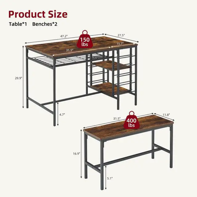 Alt view image 2 of 6 - Dining Table Set for 4, Kitchen Table with 2 Benches, Wine Rack and Storage Shelf, Rectangular Dining Room Table Set, 3 Piece Dining Table Set for Small Space, Apartment, Dinette, Rustic Brown