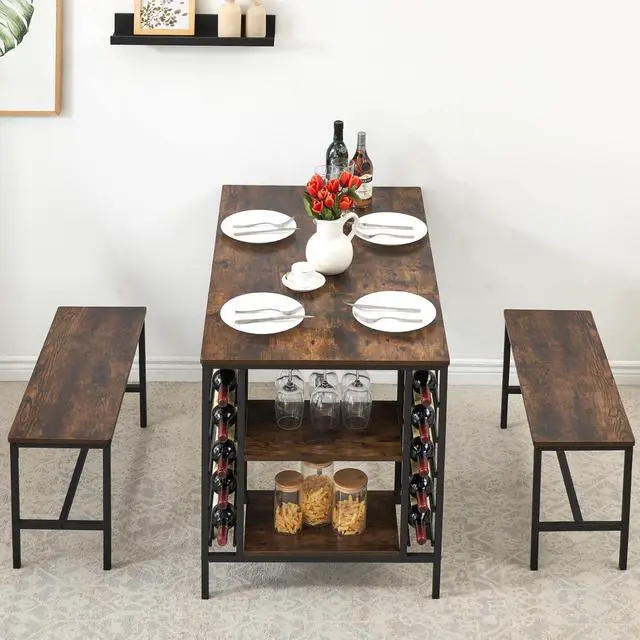 Alt view image 3 of 6 - Dining Table Set for 4, Kitchen Table with 2 Benches, Wine Rack and Storage Shelf, Rectangular Dining Room Table Set, 3 Piece Dining Table Set for Small Space, Apartment, Dinette, Rustic Brown