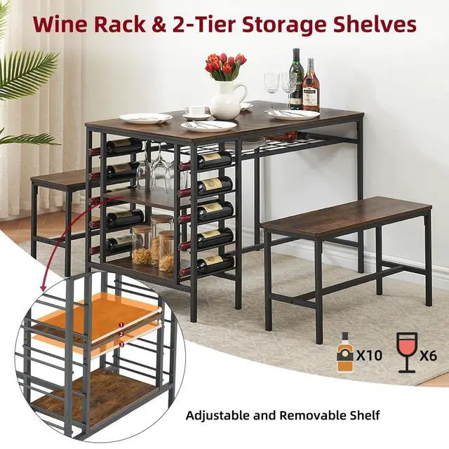 Alt view image 4 of 6 - Dining Table Set for 4, Kitchen Table with 2 Benches, Wine Rack and Storage Shelf, Rectangular Dining Room Table Set, 3 Piece Dining Table Set for Small Space, Apartment, Dinette, Rustic Brown