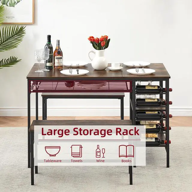 Alt view image 5 of 6 - Dining Table Set for 4, Kitchen Table with 2 Benches, Wine Rack and Storage Shelf, Rectangular Dining Room Table Set, 3 Piece Dining Table Set for Small Space, Apartment, Dinette, Rustic Brown