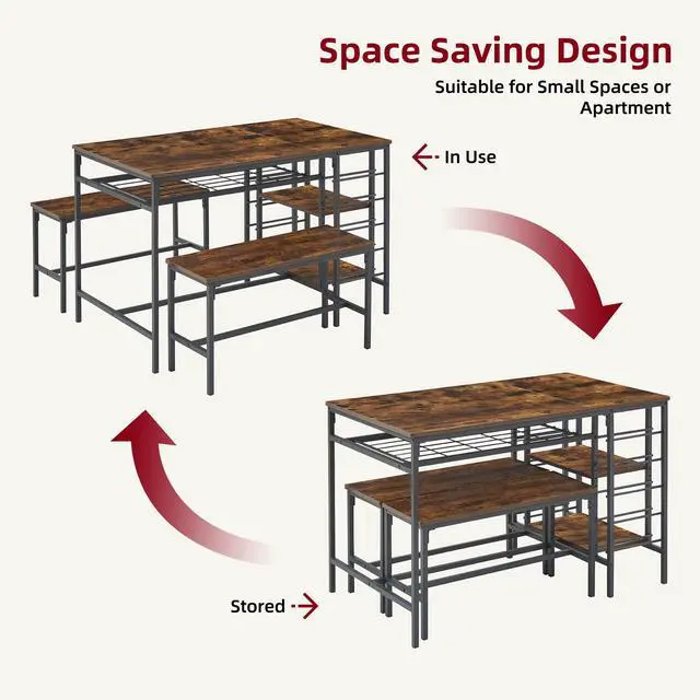 Alt view image 6 of 6 - Dining Table Set for 4, Kitchen Table with 2 Benches, Wine Rack and Storage Shelf, Rectangular Dining Room Table Set, 3 Piece Dining Table Set for Small Space, Apartment, Dinette, Rustic Brown