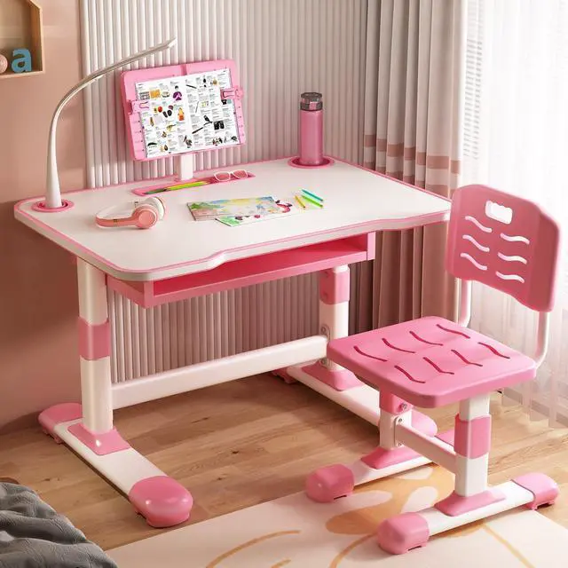 Main image of Kids Desk and Chair Set, Height Adjustable Student Study Desk with Extra Large Drawer,Tiltable Desktop Toddlers Writing Table, Children Learning Table with Large Drawer for Boys & Girls Pink