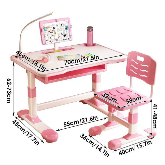 Alt view image 2 of 6 - Kids Desk and Chair Set, Height Adjustable Student Study Desk with Extra Large Drawer,Tiltable Desktop Toddlers Writing Table, Children Learning Table with Large Drawer for Boys & Girls Pink