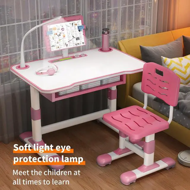 Alt view image 3 of 6 - Kids Desk and Chair Set, Height Adjustable Student Study Desk with Extra Large Drawer,Tiltable Desktop Toddlers Writing Table, Children Learning Table with Large Drawer for Boys & Girls Pink