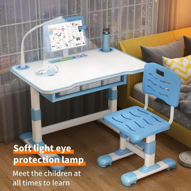Alt view image 4 of 6 - Kids Desk and Chair Set, Height Adjustable Student Study Desk with Extra Large Drawer,Tiltable Desktop Toddlers Writing Table, Children Learning Table with Large Drawer for Boys & Girls Blue