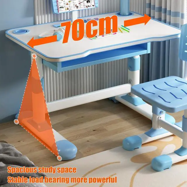 Alt view image 5 of 6 - Kids Desk and Chair Set, Height Adjustable Student Study Desk with Extra Large Drawer,Tiltable Desktop Toddlers Writing Table, Children Learning Table with Large Drawer for Boys & Girls Blue