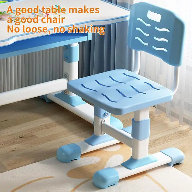 Alt view image 6 of 6 - Kids Desk and Chair Set, Height Adjustable Student Study Desk with Extra Large Drawer,Tiltable Desktop Toddlers Writing Table, Children Learning Table with Large Drawer for Boys & Girls Blue