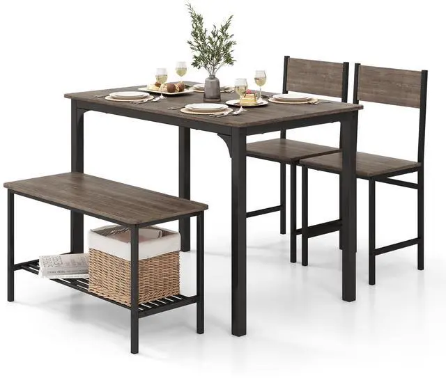 Main image of Dining Table Set for 4, Rectangular Kitchen Table Set with Bench and 2 Chairs, Storage Rack & Metal Frame, 4-Piece Dining Room Table and Chairs Set for Small Space, Apartment (Grey) | 4-Piece Kitchen