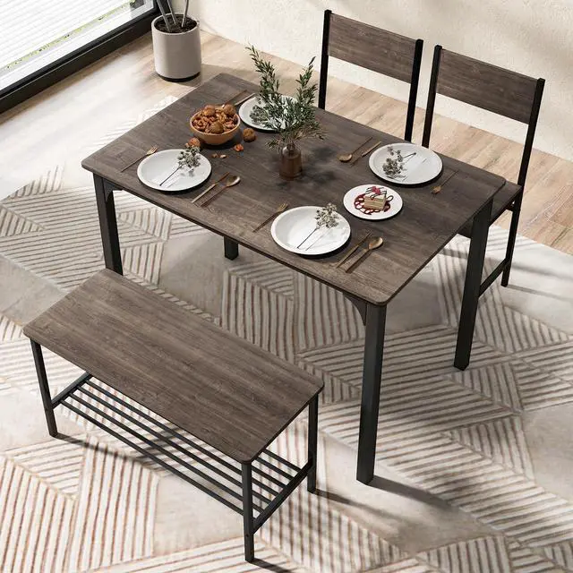 Alt view image 2 of 6 - Dining Table Set for 4, Rectangular Kitchen Table Set with Bench and 2 Chairs, Storage Rack & Metal Frame, 4-Piece Dining Room Table and Chairs Set for Small Space, Apartment (Grey) | 4-Piece Kitchen