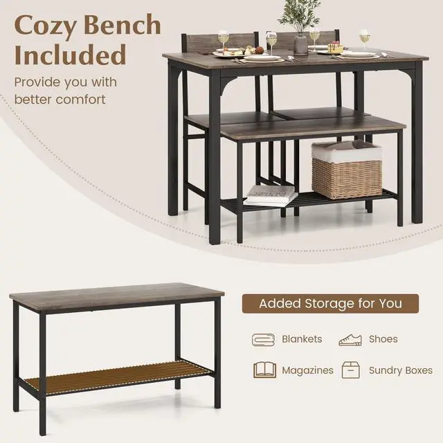 Alt view image 3 of 6 - Dining Table Set for 4, Rectangular Kitchen Table Set with Bench and 2 Chairs, Storage Rack & Metal Frame, 4-Piece Dining Room Table and Chairs Set for Small Space, Apartment (Grey) | 4-Piece Kitchen