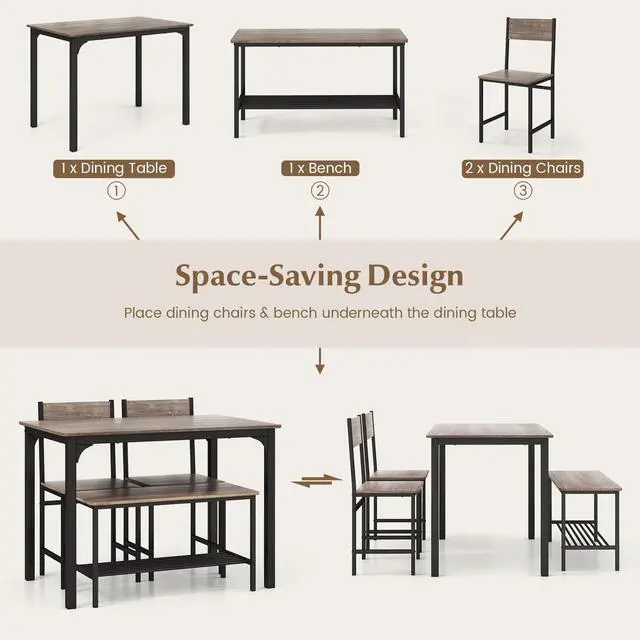 Alt view image 4 of 6 - Dining Table Set for 4, Rectangular Kitchen Table Set with Bench and 2 Chairs, Storage Rack & Metal Frame, 4-Piece Dining Room Table and Chairs Set for Small Space, Apartment (Grey) | 4-Piece Kitchen